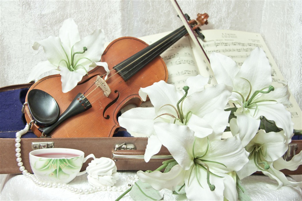 Нежная музыка весны. Музыкальные инструменты и цветы. Скрипка с цветами. Музыкальный букет цветов.