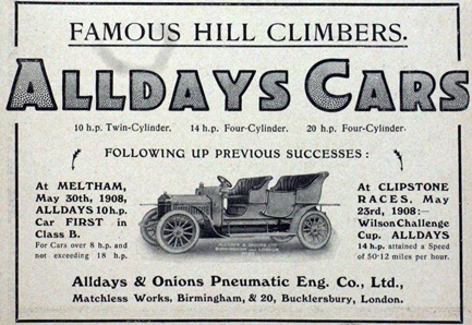Реклама автомобилей «Alldays & Onions» (1908 г.)
