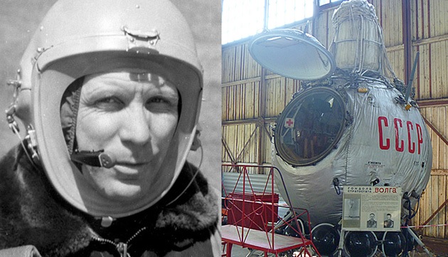 П.И. Долгов (слева); справа — кабина спускаемого космического аппарата «Восток», использовавшаяся в эксперименте со стратостатом «Волга»